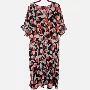 Who What Wear Midi Orange Black Cream Floral Front Tie Dress‎ Size 1X NWOT